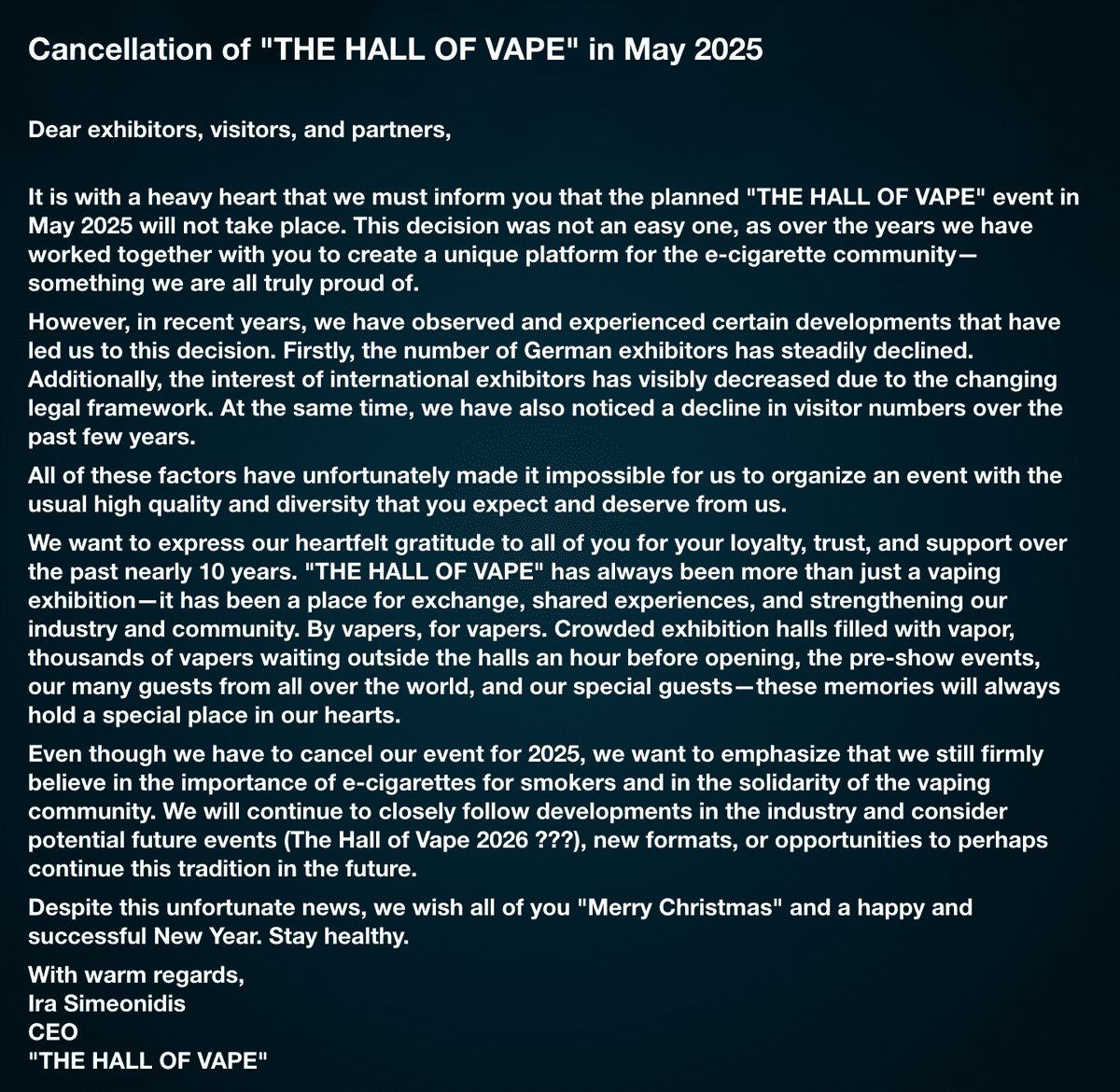 Zrzut ekranu oświadczenia Iry Simeonidis - Źródło zdjęcia Oficjalna strona internetowa The Hall of Vape_www.vape.pl