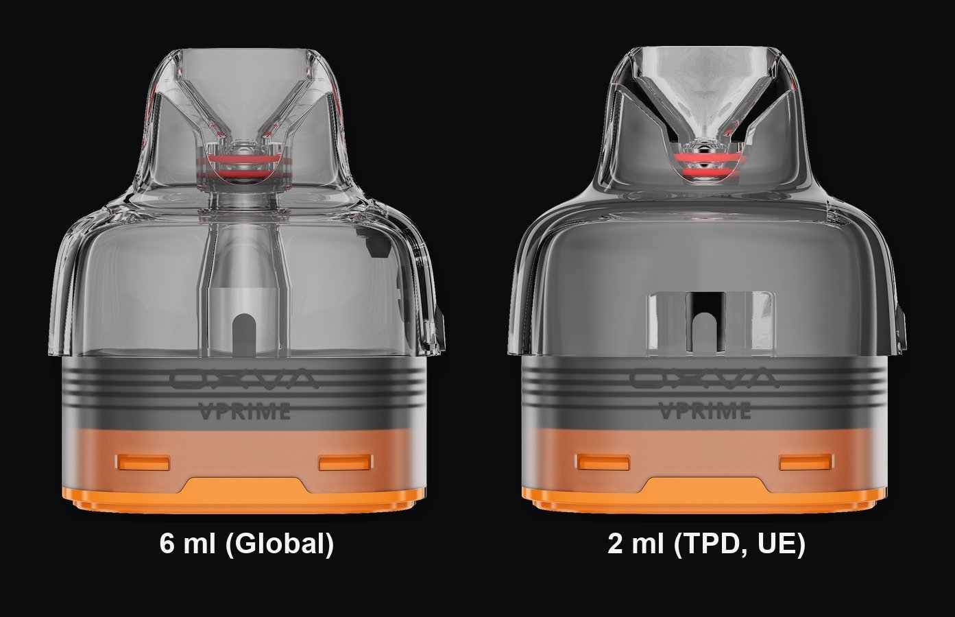 Przekrój kartridża OXVA VPRIME 2 — wersja 6 ml Global i 2 ml TPD z widoczną plastikową wkładką redukującą pojemność