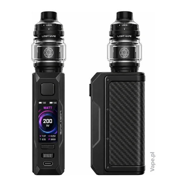 Lost Vape Thelema Q200 Pro Dark Guardian KIT 5 ml — przód z wyświetlaczem i szeroki panel boczny