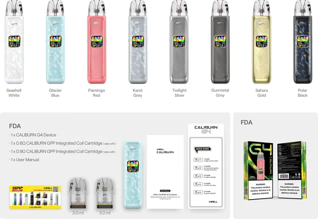 Uwell Caliburn G4 — zawartość zestawu FDA · 3 ml