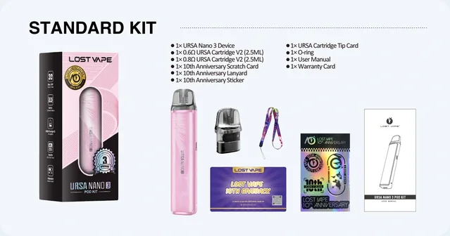 Lost Vape Ursa Nano 3 — zawartość zestawu Standard · V2 2,5 ml
