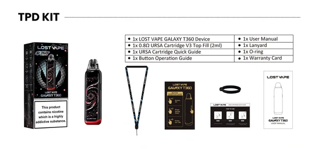 Lost Vape Galaxy T360 — zawartość zestawu TPD · V3 2 ml