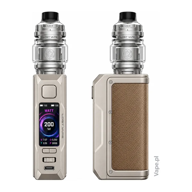 Lost Vape Thelema Q200 Pro KIT — Desert Defender · KIT Standard · 5 ml — przód z wyświetlaczem oraz szeroki panel boczny
