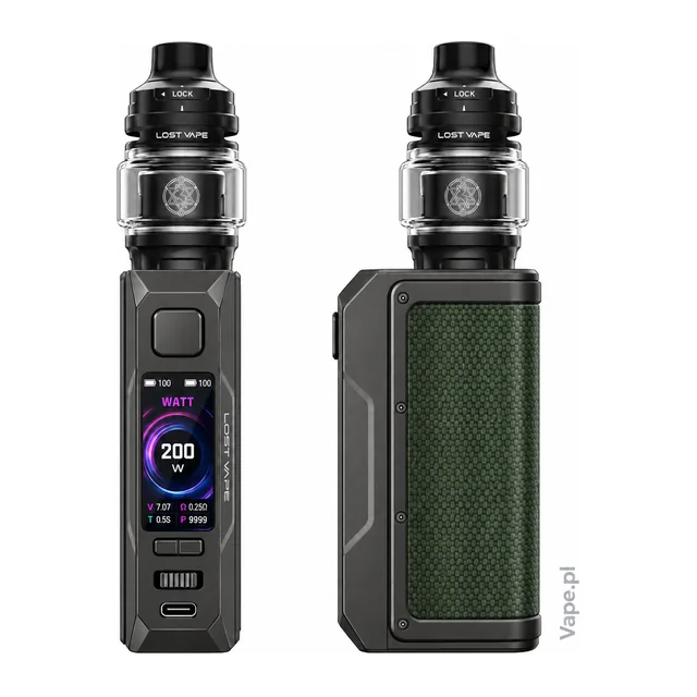 Lost Vape Thelema Q200 Pro KIT — Jungle Nomad · KIT Standard · 5 ml — przód z wyświetlaczem oraz szeroki panel boczny