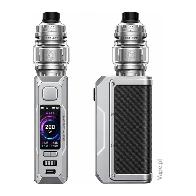 Lost Vape Thelema Q200 Pro KIT — Shadow Guardian · KIT Standard · 5 ml — przód z wyświetlaczem oraz szeroki panel boczny