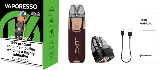 Vaporesso LUXE XR MAX 2 — opakowanie i elementy zestawu TPD · 2 ml