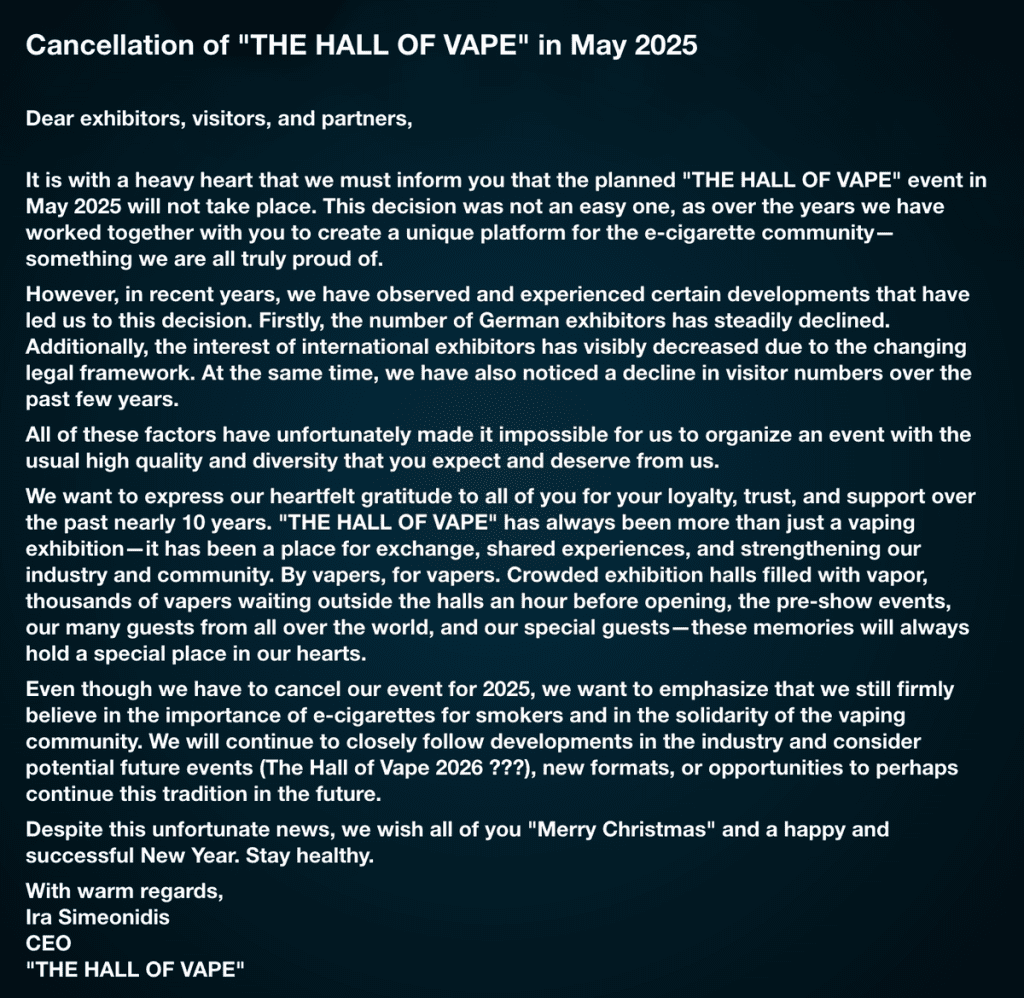 Zrzut ekranu oświadczenia Iry Simeonidis - Źródło zdjęcia Oficjalna strona internetowa The Hall of Vape_www.vape.pl